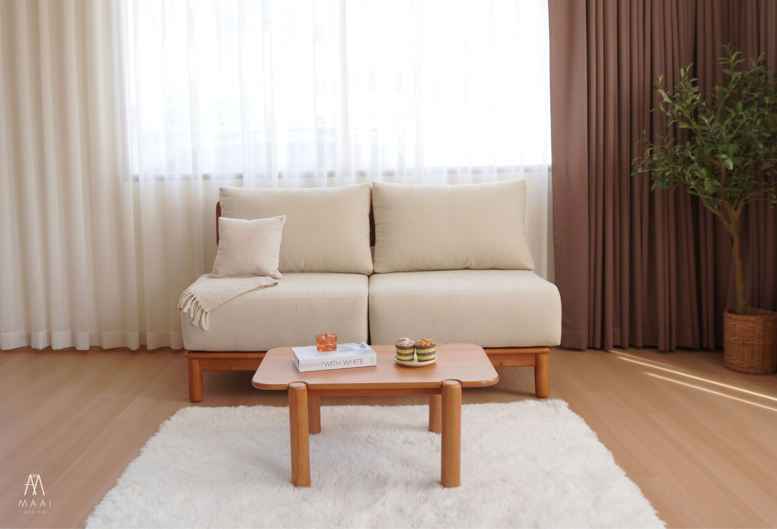 โซฟา 2 ที่นั่งไม้ยางพารา MAAI DESIGN รุ่น KANAKO SOFA เบาะผ้าสีครีม